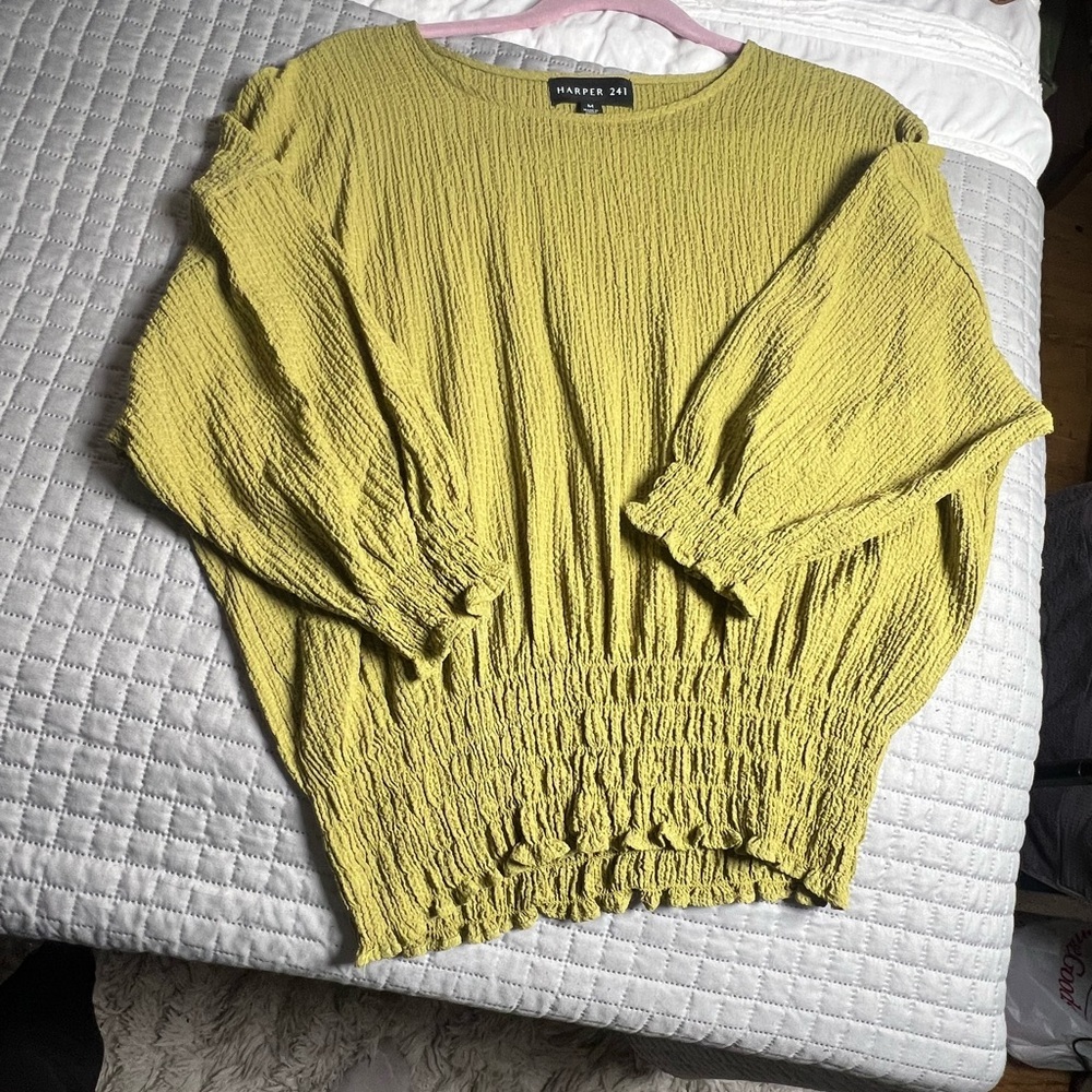 Harper 241 Green Textured Women's Top Gathered Bottom Blouse 3/4 sleeve